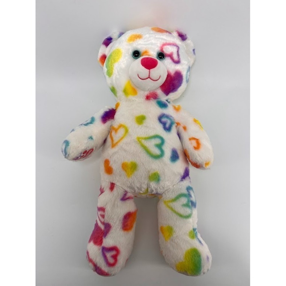 Build A Bear‎ White Rainbow Hearts Blue Eyes Teddy Bear Plush BABW 17"